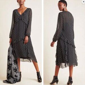 Maeve x Anthropologie "Sirena" Midi Dress — Black with White Polka Dots, Ruffles